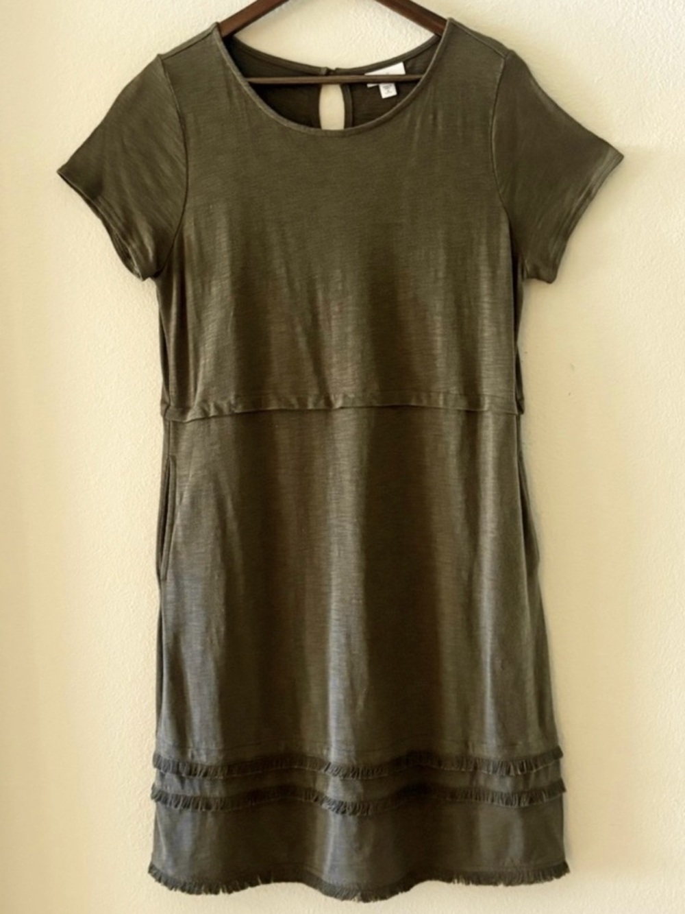 J.JILL Moss Green Cotton Fringe Hem Short Sleeve Casual T-Shirt Dress | Medium
